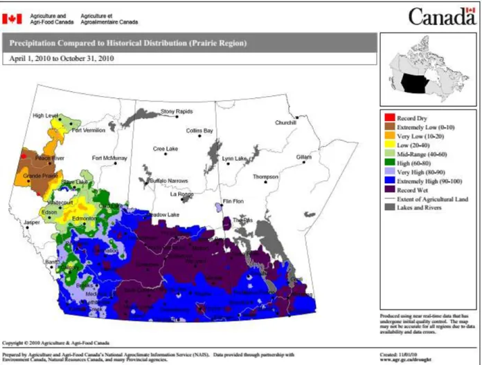 Figure 3:  Precipitation Compared to Historical Distribution in the Prairie Region of Canada from April 1 to  October 31, 2010 