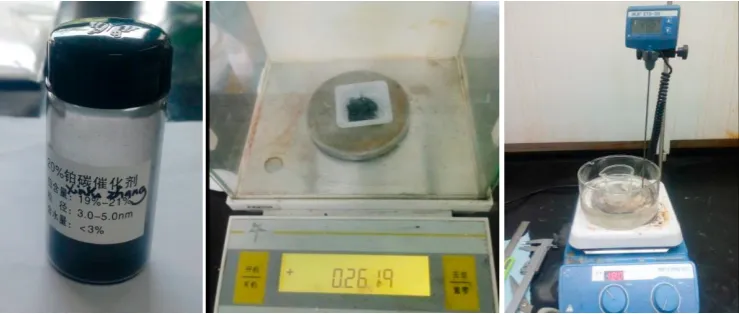 Fig. 1. Pt/C (20%Pt) catalyst, electronic balance, water bath and magnetic stirrer  