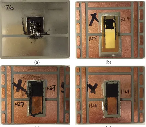 Fig. 13.  Photographs taken from the failed samples interconnected with: (a) Al wire; (b) flexible PCB; (c) ceramic-based ACT1; and (d) ceramic-based ACT2