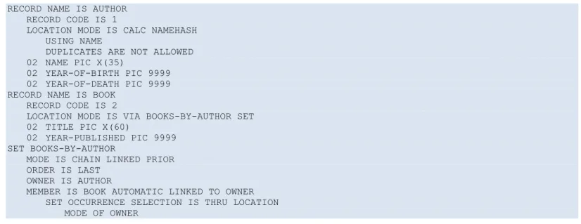 Figure 1. Example of a CODASYL DDL Specification of a Parent and Child Record and a Set: 
