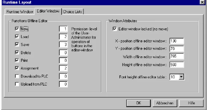 Fig. 2.9: "Editor Window" tab in the "Runtime Layout" dialog window 