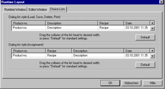 Fig. 2.10: "Choice Lists" tab in the "Runtime Layout" dialog window 