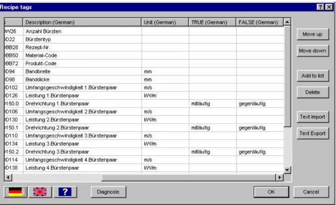 Fig. 2.4: Recipe tag selection, right side   The tags dialog supports the following functions: 