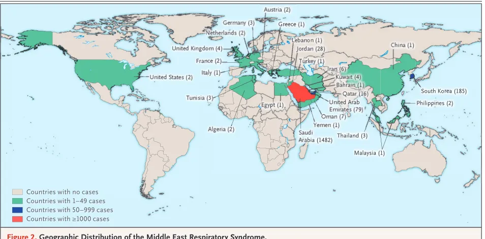 Figure 2. Geographic Distribution of the Middle East Respiratory Syndrome.Data are from the World Health Organization (www.who.int/emergencies/mers‑cov/mers‑summary‑2016.pdf) and were collected through December 2, 2016