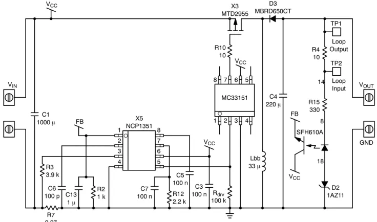 Figure 11. The Buck−boost Board Application Schematic Shows an Optocoupler in the FB Chain