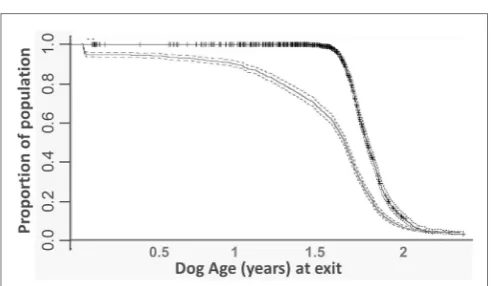 FIGURe 2 | Survival curve of the entire guide dogs span for withdrawn from training and working for behavioral reasons (dotted line represents confidence intervals).