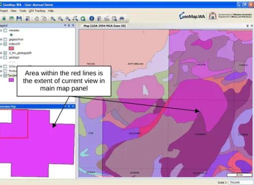 Figure 44. [Overview map] shows only the active layer [*projarea]. Red lines on the [Overview map] show  the extent of the current view in the main map panel 