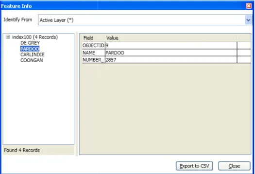 Figure 55. Four features from the [Active Layer (*)] are in the selected area. Information about  is in the table on the right 
