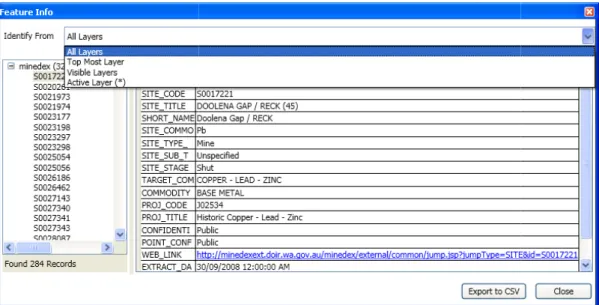 Figure 56. The [Feature Info] dialogue box shows that there are 284 sites from all layers are in the  selected area