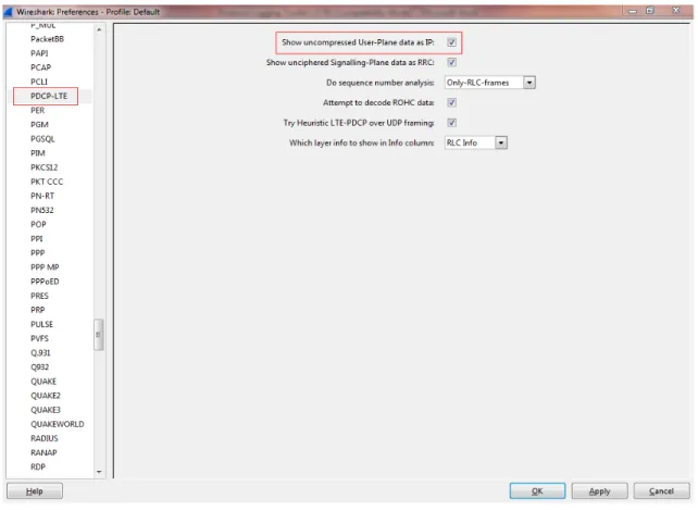 Figure 5-6: Wireshark Preferences – PDCP-LTE 