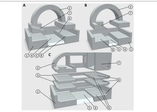 FIGURE 1 | 3D printed embedding molds. (A) Design 1, for use with ﬁve large diameter roots, or leaf samples