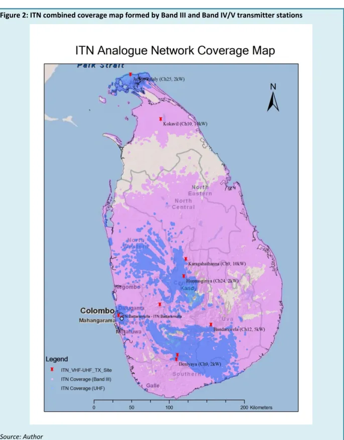 Figure 2: ITN combined coverage map formed by Band III and Band IV/V transmitter stations 