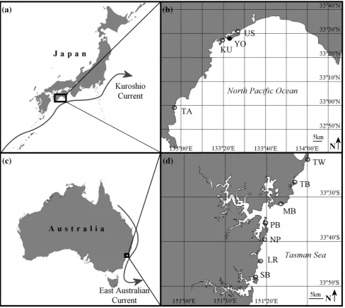 Fig. 1 Survey sites (open circles) within western Japan (a, b) andsouth-eastern Australia (c, d)