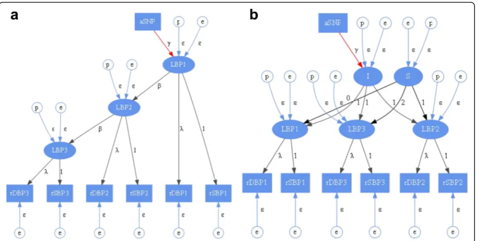 Fig. 1 Analysis models. The graphical representations of analysis models with latent variable for longitudinal blood pressures are shown for:hypertension medication