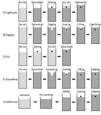 Figure 1: Packing methods used for the determination of a realistic field condition. Each method was set up using 3 replicates 