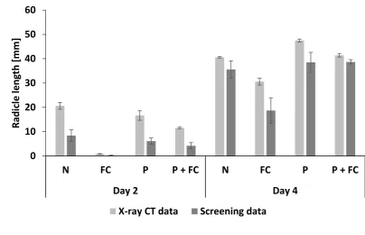 Figure 8: Comparison of X-ray CT data and screening data after two and after four days of growth