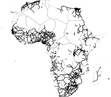 Figure 1: African main and asphalt roads, 2002. Source: ‘Vmap0’ from (www.mapability.com)and African Development Bank (www.infrastructureafrica.org), prepared for World Bank(2010).