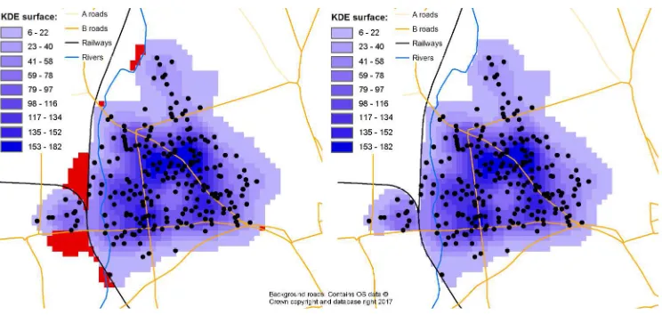 Figure 2. Linear features as breakline constrains for smoothing (KDE legends = number data points within For Peer Review Only300m): Example of Radford, Nottingham c) Fig(a)*Fig(b): blue = areas masked out d) Final modiﬁed KDE (300m bandwidth)   