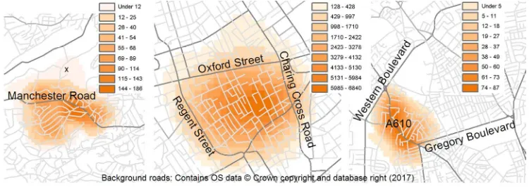 Figure 3. Examples of generated vague neighbourhood boundaries For Peer Review OnlyAbsolute 300m KDE grids (legend = number data points within 300m) for:  a) Crosspool, Sheeld  