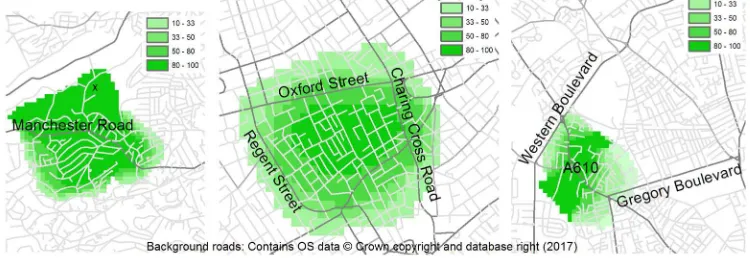 Figure 3. Examples of generated vague neighbourhood boundaries = proportion of data within 300m radius supporting the neighbourhood name) for:  For Peer Review Only Percentage 300m KDE grids (legend d) Crosspool, Sheﬃeld  