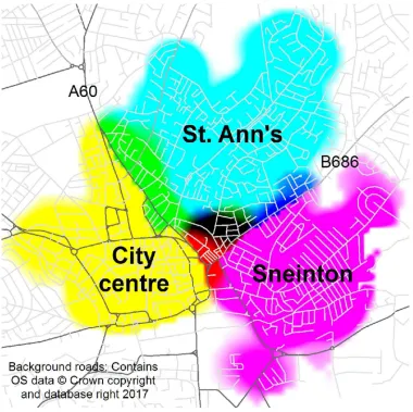 Figure 5. Cyan-Magenta-Yellow (CMYK) composite, demonstrating diFor Peer Review Onlyﬀering perceptions of three neighbourhoods in Nottingham   