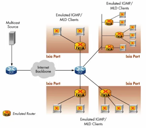 Figure 9: Ixia Emulation of Multicast Protocols. Here Ixia is emulating IGMP, as well as MLD clients