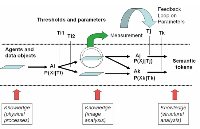 Figure 4 shows a set of agents, Ai, each of which produces various outputs using a set of  parameters and thresholds, Ti, and each having an associated model (or set of models),  Pi(Xi|Ti), describing the agent’s variance from the ideal in terms of some ap