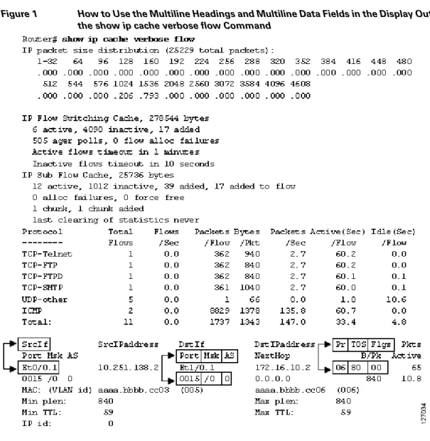 Figure 1 How to Use the Multiline Headings and Multiline Data Fields in the Display Output of  the show ip cache verbose flow Command
