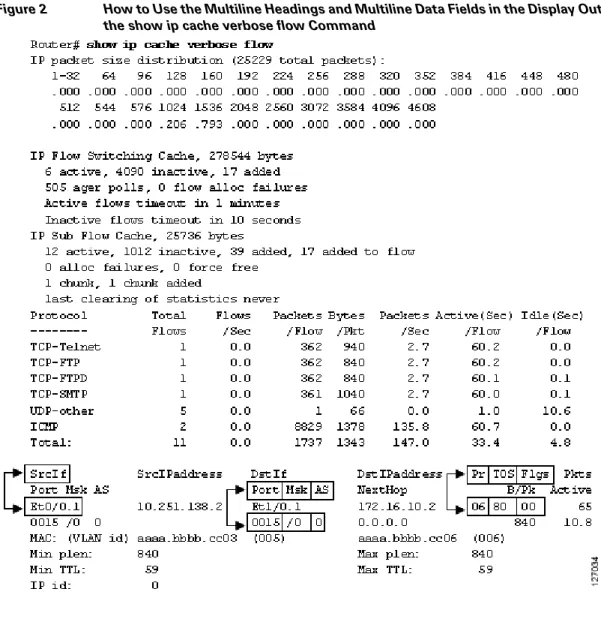 Figure 2 How to Use the Multiline Headings and Multiline Data Fields in the Display Output of  the show ip cache verbose flow Command