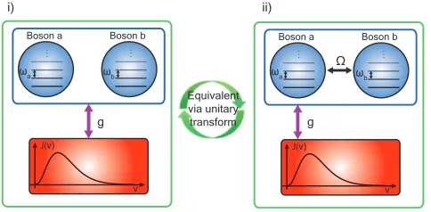 FIG. 1. (Color online) Cartoon of the system we consider: (i)two bosonic modes of frequencies ωa, ωb couple collectively toa single bath.As illustrated, we take a super-Ohmic bathwith an exponential cutoﬀ when an explicit form is required.(ii) the equivalent problem of two coupled modes with a bathcoupling to only one of the modes.