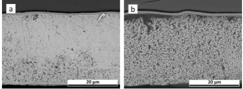 Fig. 12 SEM images from sample T1: (a) as-polished cross section and (b) the cross section etched with a solution of 50% H2O2, 34% NH4OH and 16% H2O for 2 seconds