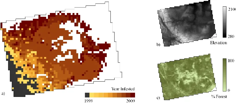 Figure 4: Maps showing: a) year of initial mountain pine beetle infestation across the study area and two spatial covariates used in the model b) mean elevation, and c) percent forest cover