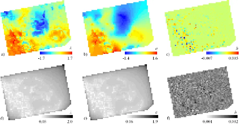 Figure 7: Maps of the posterior means for a) local diffusion parameter – λ, b) CAR model  effect – a, and c) aspatial random effect – h; with maps of posterior variance shown below