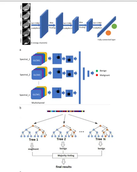 Fig. 5 Classification models for three different inputs: (a) the computed tomography raw image-based convolutional neural network (CNN)model, (b) the co-occurrence matrice based CNN model and (c) the Haralick feature based random forest model