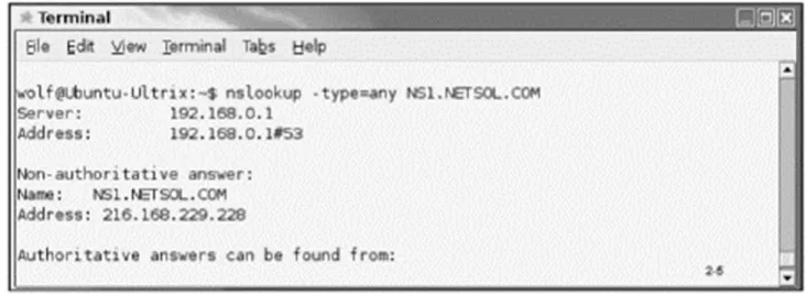 Figure 2-5 Nslookup command output for NetworkSolutions.com’s NS1  nameserver