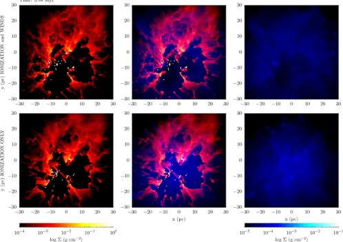 Figure 2. Comparison of the cold gas (left-hand panels) and the HIIRs (right-hand panels) at the end of the Run UQ calculations with (top row) and without(bottom row) winds included