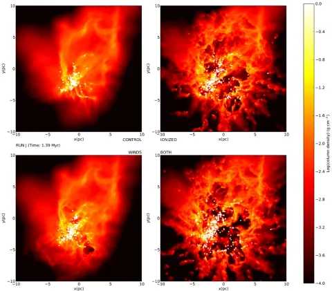 Figure 9. Comparison of the cold-gas morphology in the Run J calculations with no feedback (top left), with ionization only (top right), with winds only(bottom left) and with both winds and ionization (bottom right).