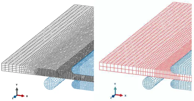 Figure 2 shows two discretizations of the plate. For numerical reasons, the clamping is here  approximated  by  two  elastic  bodies  which  are  fixed  on  the  outer  surfaces