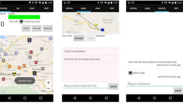 FIGURE 5 Mobile responder app: status tab (left), task / HQ chat tab (middle), and global chat tab (right)