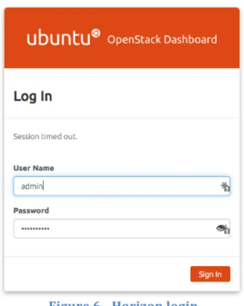Figure	  6	  -­‐	  Horizon	  login	   	   8.  Authenticate	  using	  admin	  user	  credentials.	  	  