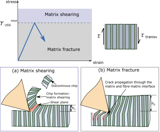 Figure 8: Cutting modes in transverse ﬁbres (a) composite shear (b) composite fracturewith h1 < h2