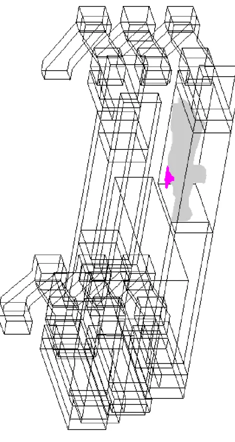 Figure C.5 Indicative values of - Iso-surfaces of smoke concentration 60 seconds after ignition.smoke mass fractions: pink 0.0025; grey: 0.001