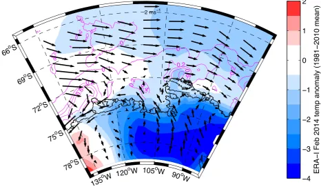 Figure 2. Near-surface atmospheric temperature anomaly (shading), 10 meter wind vector anomalies and sea ice concentration (magenta contours) for February 2014, based on ERA-Interim reanalyses and the OSTIA sea ice analysis (1/20th degree)