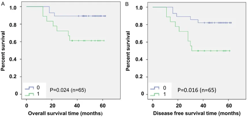 Figure 5. Kaplan-Meier plot of 65-cases survival analysis suggested that up-regulation of UCH-L1 after chemother-apy was concerned with shorter OS and DFS times in MDR breast cancer