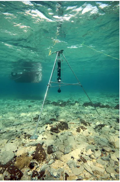 Figure 1 - The Kongsberg MS 1000 sector scanner as it is deployed underwater. The device is secured within a protective tripod, which is lowered on to the seabed