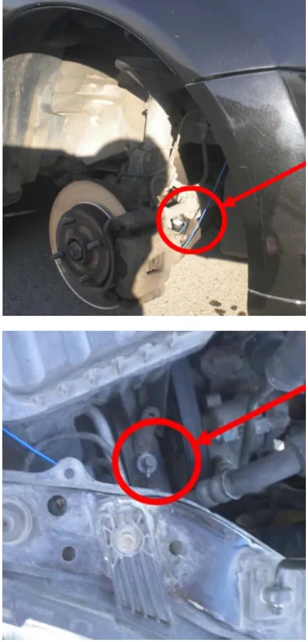 Figure 5. Installation of accelerometers (left side and right side of the axle, and car body) to record road excitations