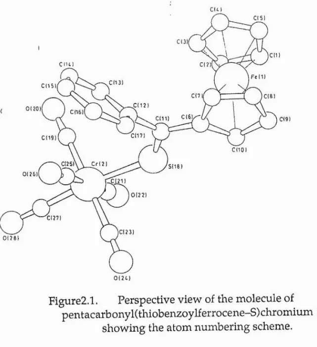 Figure 2.2.  Perspective view of the molecule of benzoylferrocene, (7),  1