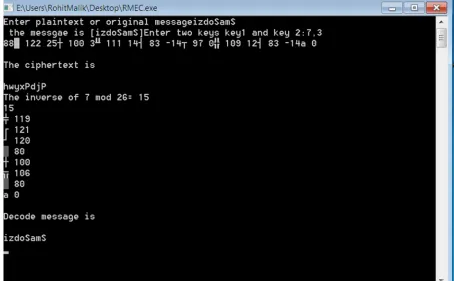 Fig 2. C++ console screen taking above encrypted message and key as plaintext and producing the same as decoded message