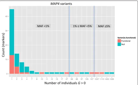 Fig. 2 Distribution of the frequency for the 90 polymorphic MAP4 variants according to the number of individuals with genotype dosage G > 0.Height of the bars indicates the total number of variants for a given count of observations with G > 0, and red bars indicate the counts for the 26functional variants used in the simulation model