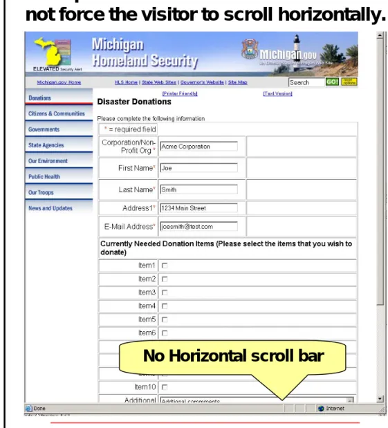 Table widths should not exceed the width of the screen,  causing the user to scroll horizontally.